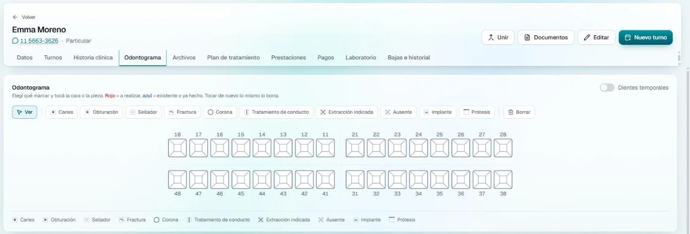 Odontograma de la ficha del paciente en AGO